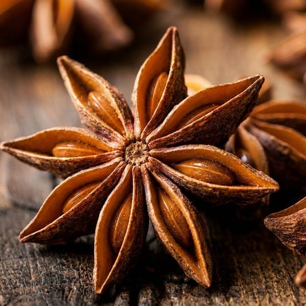 Close-up of several star anise pods with seeds, resting on a rustic wooden surface.