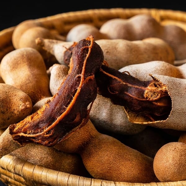 A woven basket filled with tamarind pods, some peeled to reveal the dark, sticky fruit.