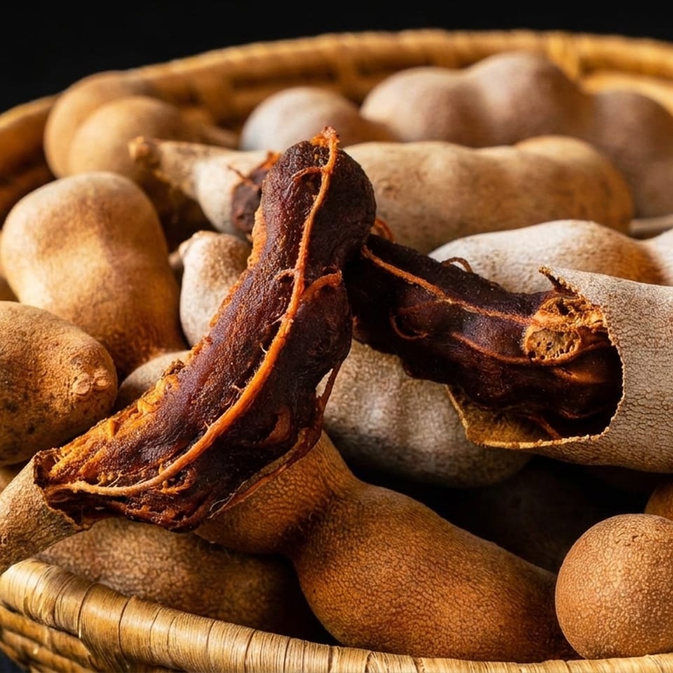 A woven basket filled with tamarind pods, some peeled to reveal the dark, sticky fruit.