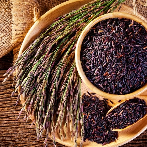 Black rice in a wooden bowl and spoon, with rice stalks on a wooden tray and burlap.
