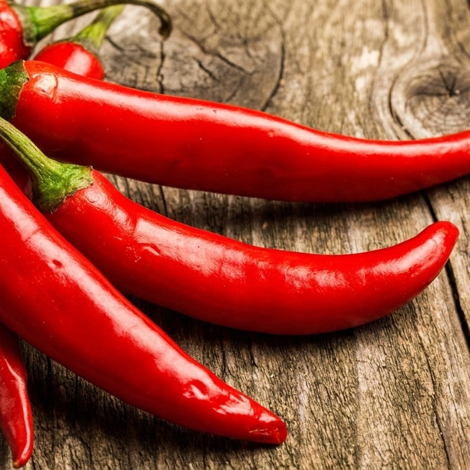 Bright red chili peppers with green stems rest on a rustic wooden surface.