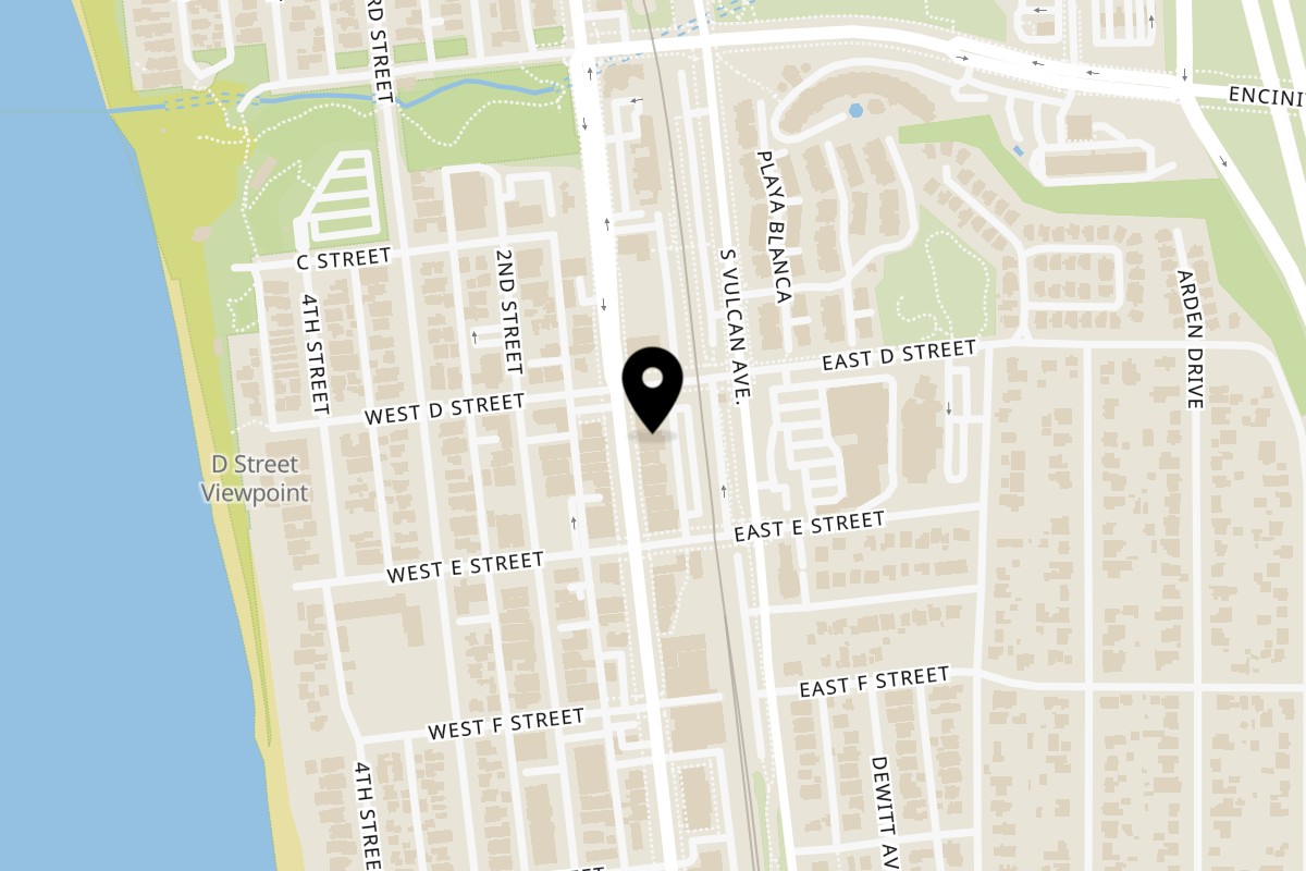 Map showing the location of Plumeria Vegetarian on 527 S Coast Hwy 101 in Encinitas
